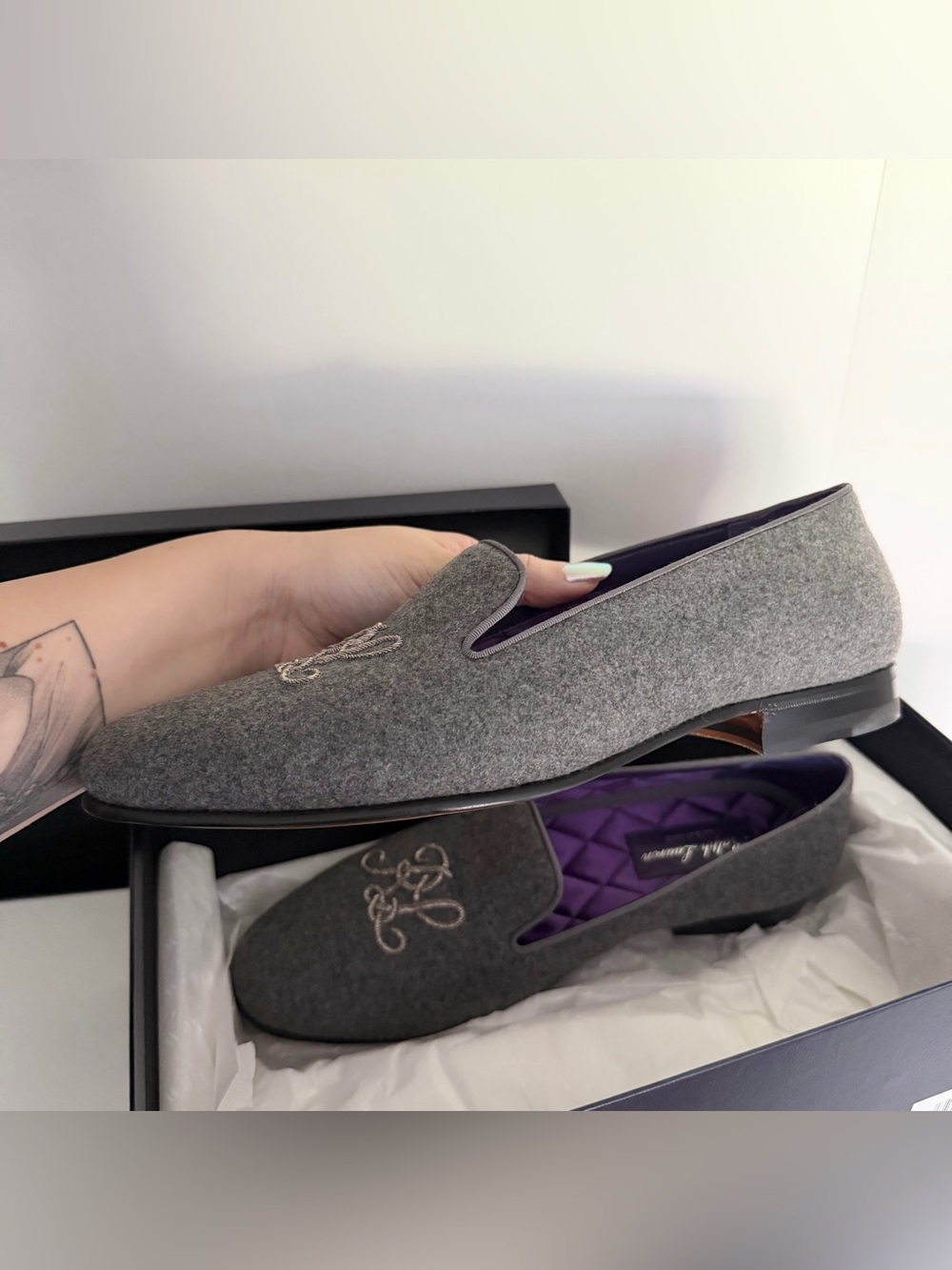 Ralph Lauren Purple Label Alonzo Plaid Wool Tweed Slipper in Grey NIB NWT - Picture 9 of 13